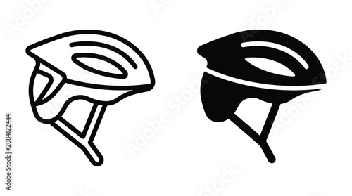 Bicycle helmet outline and solid icon set with protection equipment activity protective headgear illustration silhouette minimalist interface isolated background