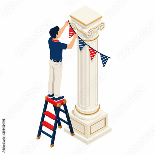 Isometric vector illustration of a man standing on a blue and red stepladder hanging patriotic red and blue triangular bunting flags on a classical white Ionic column with gold details.
