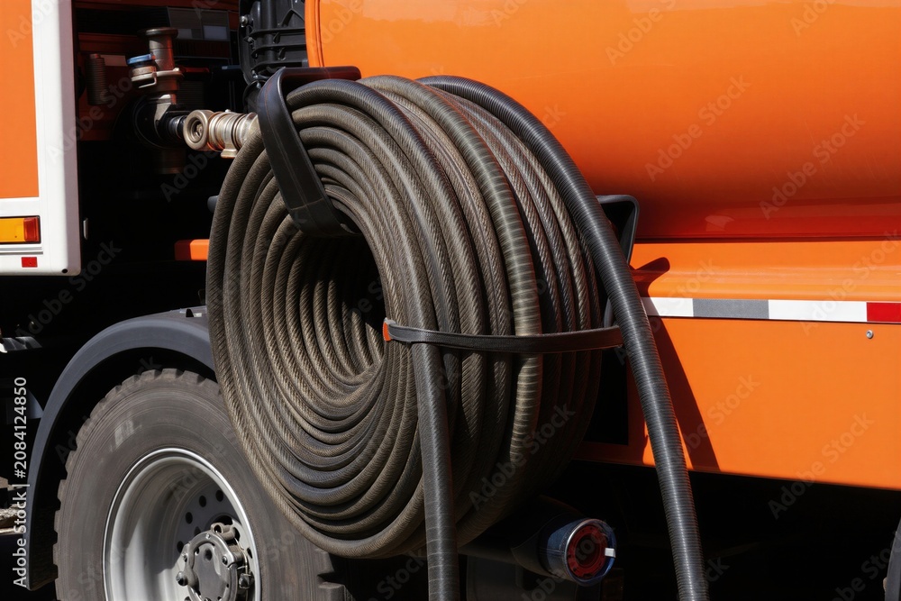 Fototapeta premium Orange utility truck with large coiled rubber hose attached to side. Used for watering plants and street cleaning tasks. Ready for municipal service.