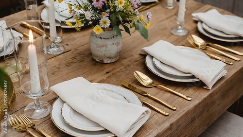 Elegant table setting with wildflowers, candles, gold cutlery, and white linens on a rustic wooden table.