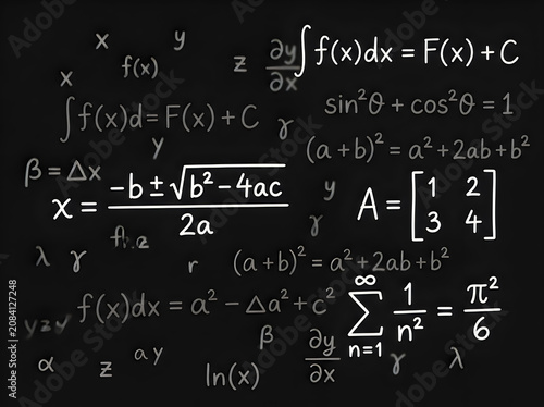 Mathematical equations and formulas on blackboard background for education and science concepts