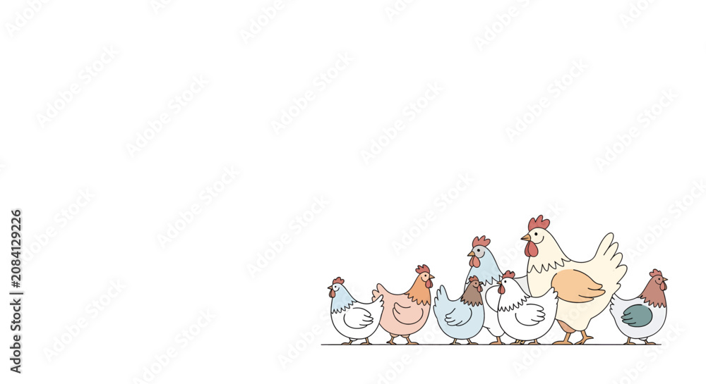 Fototapeta premium A charming illustration of a line of six cartoon chickens and roosters with pastel colors on a clean white background.