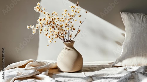 Sunlit daisies in vase casting moving shadows on textured fabric surface