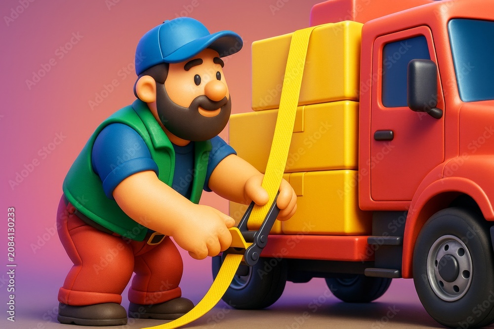 Fototapeta premium Cartoon-style delivery worker securing packages on red transport truck with yellow strap, smiling on colorful light background. Ai generative. Ai generative