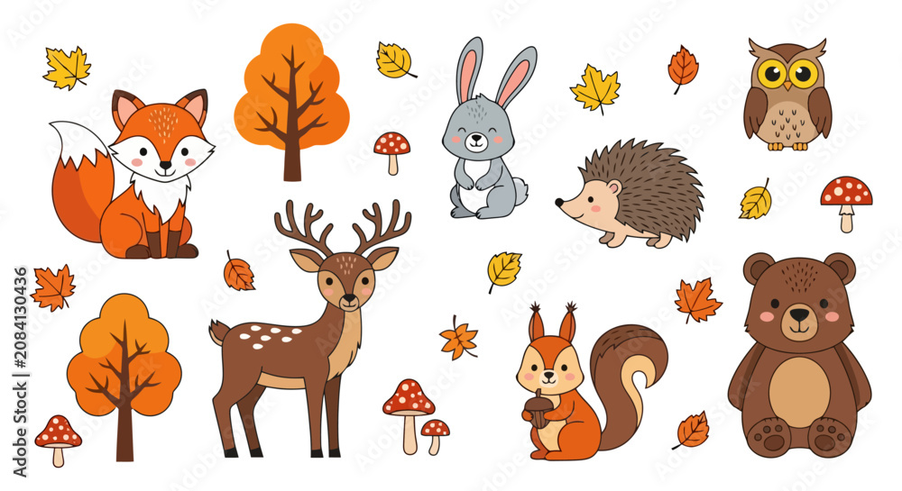 Fototapeta premium Collection of Cute Forest Animals and Nature Elements for Kids.