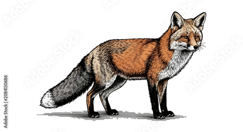 Canvastavla Detailed illustration of a red fox standing and looking forward with bushy tail and alert expression