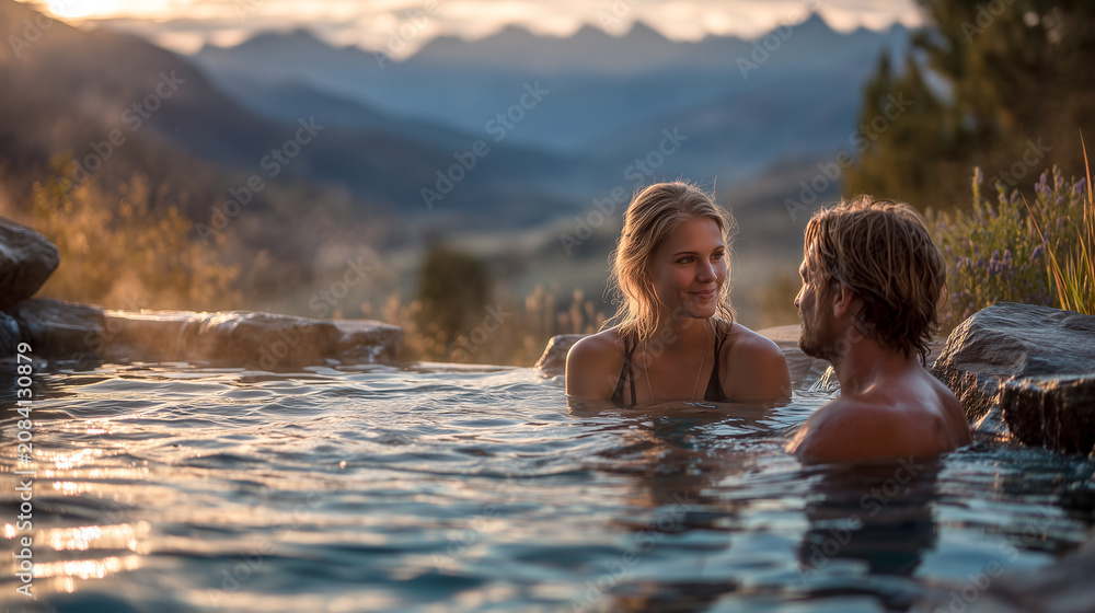 Fototapeta premium couple_relaxing_in_hot_spring_with_mountains