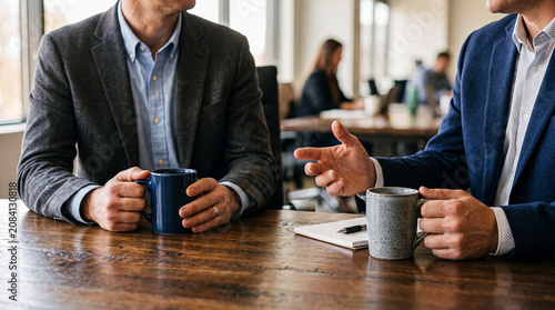 Slika na platnu Two male business professionals having a focused discussion over coffee, with one gesturing