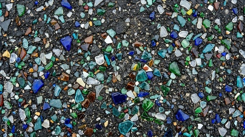 Macro texture of dark black urban asphalt embedded with crushed
    colorful sea glass, industrial street background.
