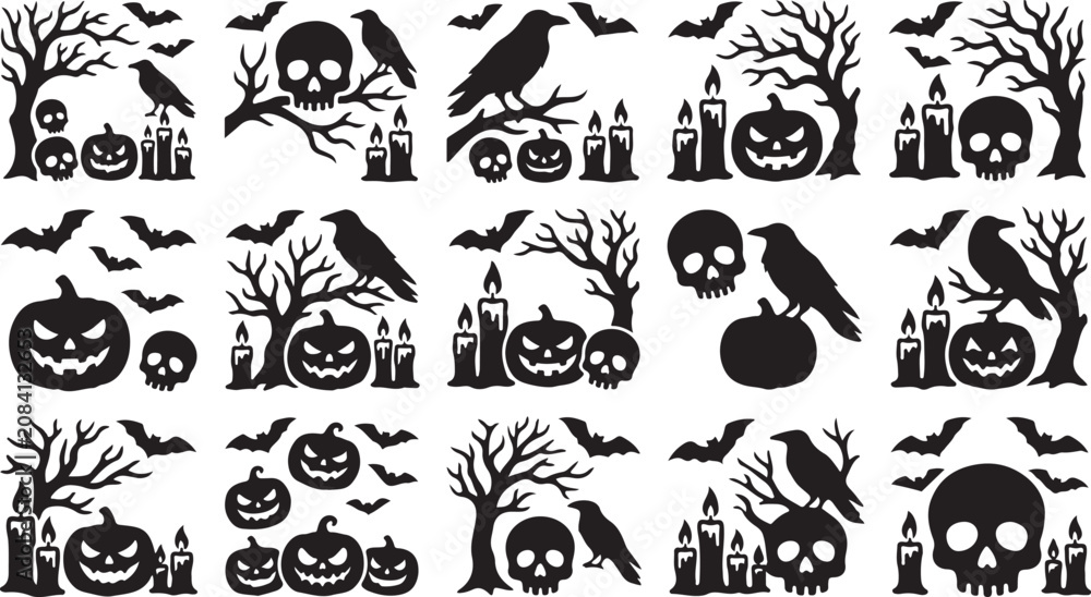 Obraz premium Halloween icons set with black silhouettes on white background