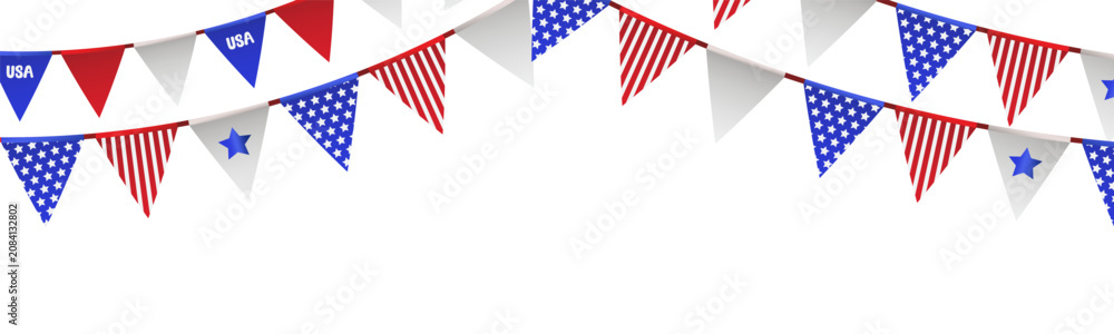 Fototapeta premium Happy Fourth of July Independence day USA Bunting Flags Background, 250th anniversary banner, America 250 years Independence or , veterans, labor, memorial and other events, Vector illustration.