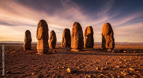 Mystical Ancient Stone Circle at Sunset in Arid Desert Landscape
