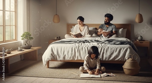 Happy Family Enjoying Quiet Morning in Modern Minimalist Bedroom
