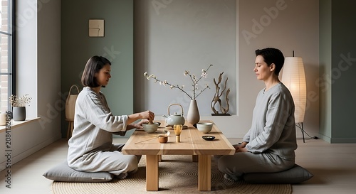 Zen Tea Ceremony for Mindfulness and Relaxation in Minimalist Interior