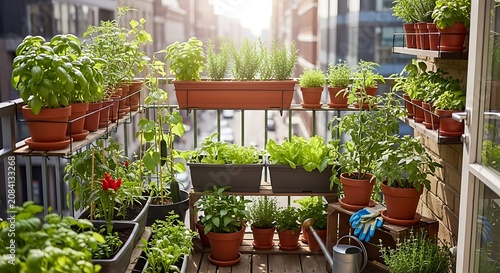 Urban Balcony Vegetable Garden with Potted Herbs and Fresh Vegetables