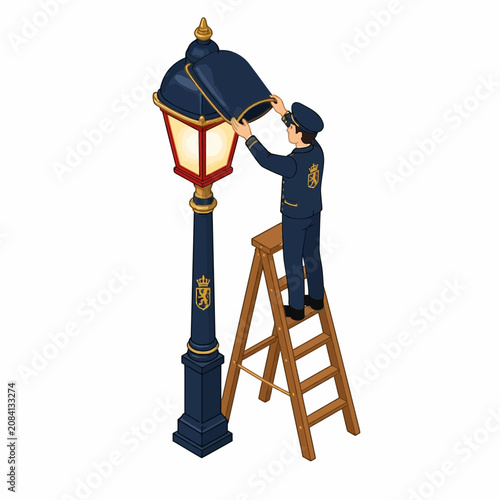 Vintage lamplighter in blue uniform on wooden ladder repairing glowing antique street lamp with gold crest, isometric vector illustration isolated on white background.