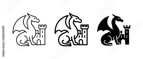 Cuadro en lienzo Dragon and Castle Icons: Mythical Creature and Fortress Symbols, Fantasy Art Ele