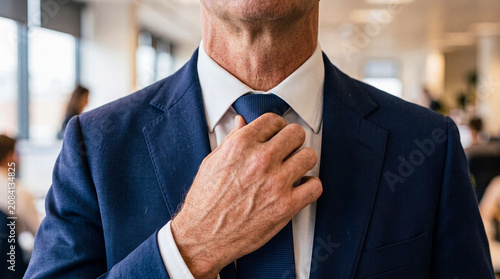 Quadro su tela Close-up of a stylish businessman in a suit adjusting his tie, portraying professionalism and attention to detail