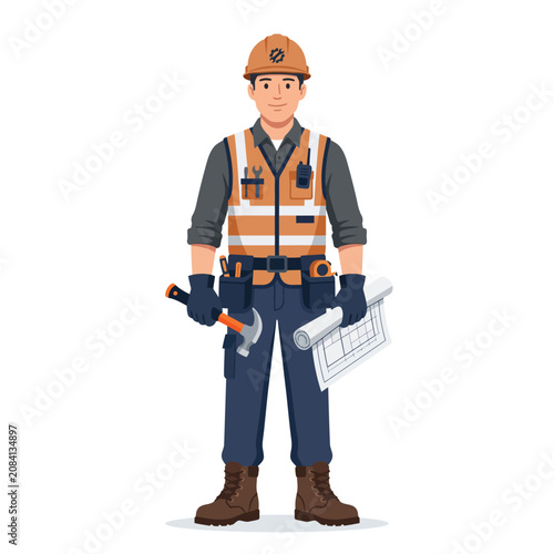 Professional Construction Worker with Hard Hat Tools and Blueprint Vector Illustration