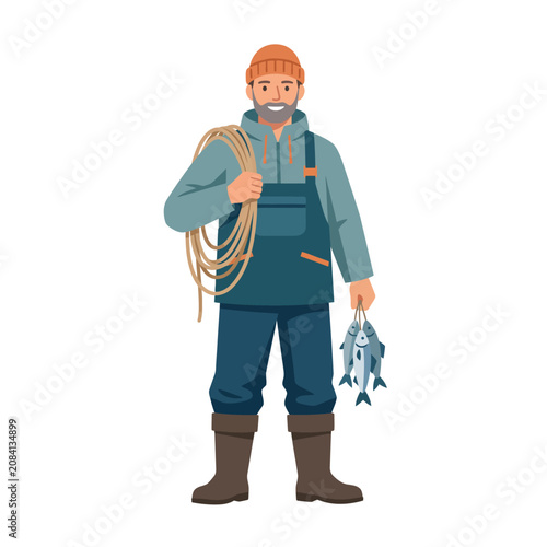 Professional Fisherman with Fresh Catch and Rope Vector Illustration
