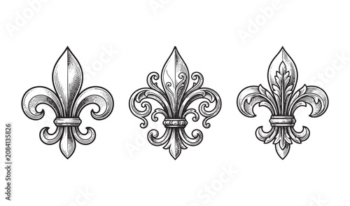 Fotografía Fleur-de-lis Heraldic Symbols Triad, Detailed Ornate French Royal Lily Graphic