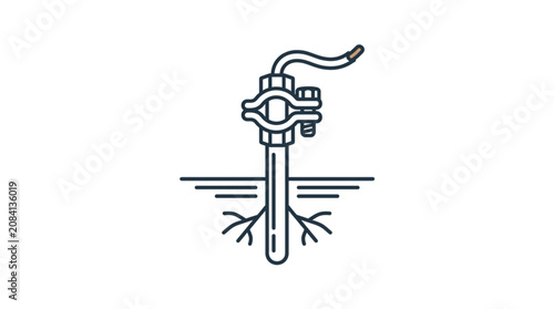 Tableau sur toile Grounding rod with clamp and wire entering soil with roots.