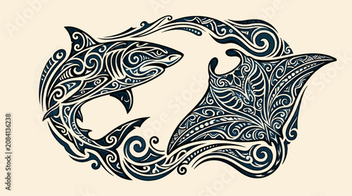 Bild auf Leinwand Stylized Tribal Shark and Manta Ray Illustration with Ornate Swirl Patterns, Dar