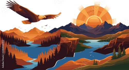 Obraz na płótnie Majestic bald eagle soaring over beautiful mountain wilderness landscape with ri