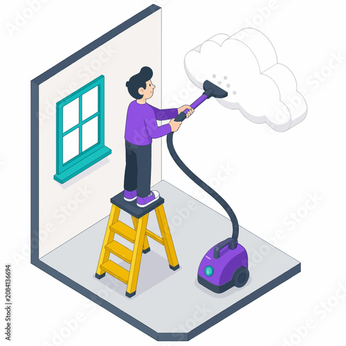 Isometric illustration of a man standing on a yellow stepladder using a purple vacuum cleaner to clean a large white cloud inside a minimalist room with a teal window.