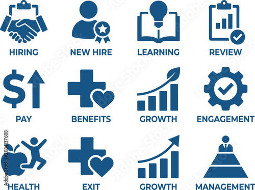 Human resources business icon set, 12 blue corporate recruitment and employee management symbols, professional hiring and workplace growth vector collection
