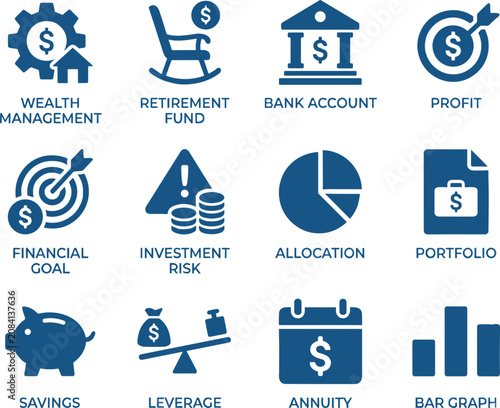 Financial planning and wealth management icons set, 12 blue investment and retirement fund vector symbols, banking and savings graphics