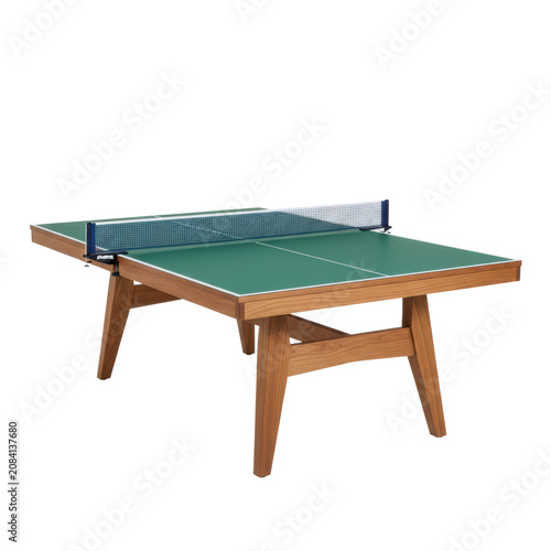 A modern ping pong table with a vibrant green surface, white center line, regulation net, and stylish wooden frame, isolated on a transparent studio background, pristine sports equipment concept