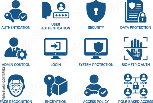 Cybersecurity and authentication icon set, 12 blue flat vector symbols for data protection, biometric security and user access control