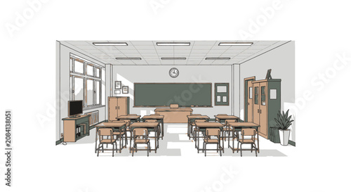 Empty Classroom Interior with Desks and Chalkboard.