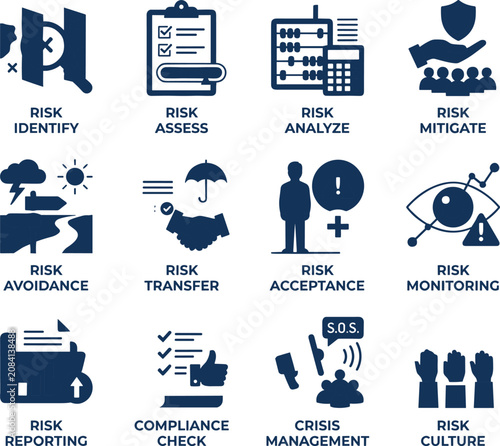 Risk management icon set, 12 business compliance and crisis assessment symbols, professional blue vector icons for corporate strategy and financial security