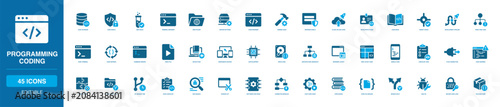 Programming Coding Solid Icon Set with code database, terminal browser, server settings, developer ID, pipeline, node tree, command window, responsive devices, secure code lock and bug fix