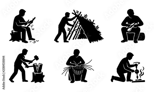 Foto Primitive Survival Skills Set, Primitive Man Crafting Tools, Building Shelter, M