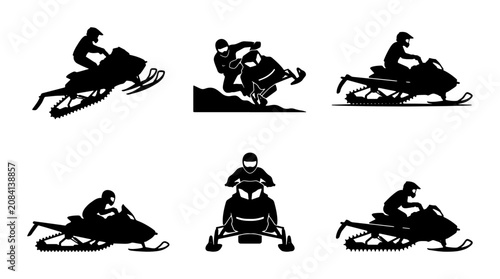 Schilderij op canvas Snowmobile Silhouette Icons, Winter Sport Action Poses, Extreme Outdoor Recreati