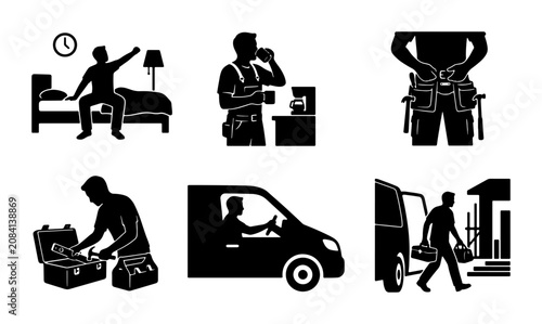 Obraz na płótnie Construction Worker Daily Routine Icons, Tools & Van, Morning to Job Site Vector