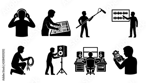 Photos Audio Production Icons Set: Sound Engineering, Music Recording, Studio Equipment