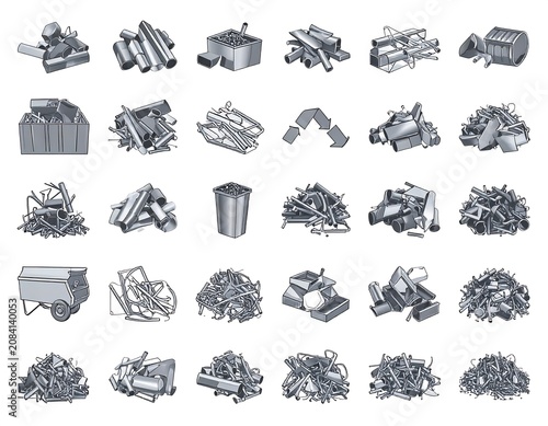 A grayscale compilation showcasing various types and arrangements of industrial metallic debris, emphasizing recycling potential