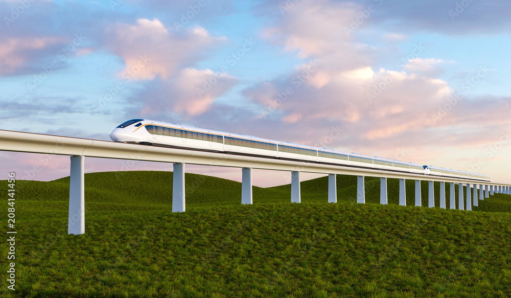 Fototapeta premium Rendering of a high-speed train speeding across the grassland