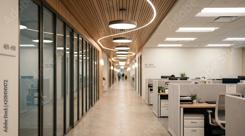 Modern office interior with wooden slat ceiling and curved lighting, contemporary corporate workspace with glass partitions and open cubicles