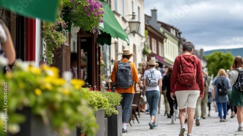 Tourists exploring a charming european town in summer with vibrant flowers and old architecture