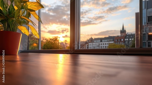 Tranquil sunrise view through window featuring houseplant and city skyline silhouettes