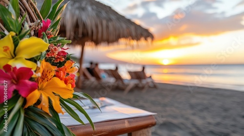 Tropical sunset beach scene adorned with vibrant floral centerpiece enhancing vacation ambiance