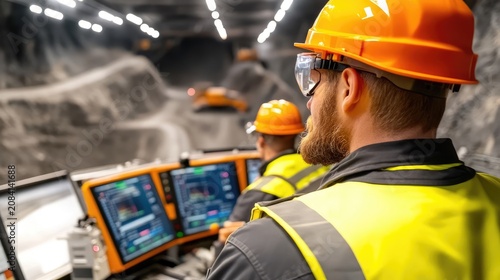 Underground mining operator overseeing operations with digital interface and excavation machinery