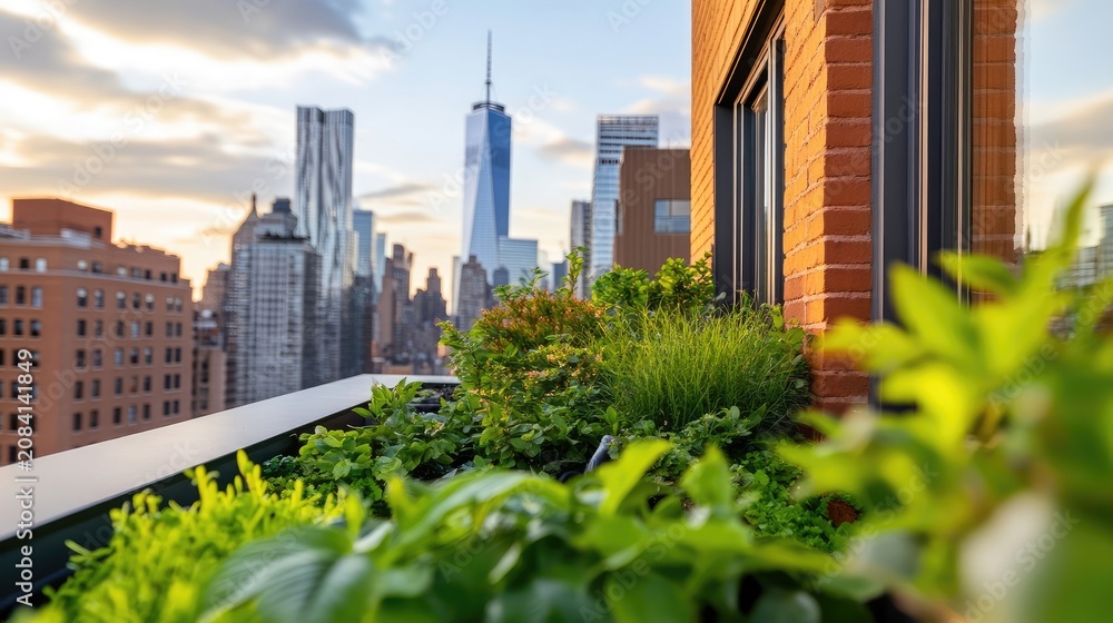 Fototapeta premium Urban rooftop garden with the new york city skyline featuring greenery and modern architecture