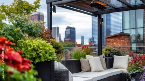 Urban rooftop garden oasis offering a tranquil escape with skyline views and luxurious seating