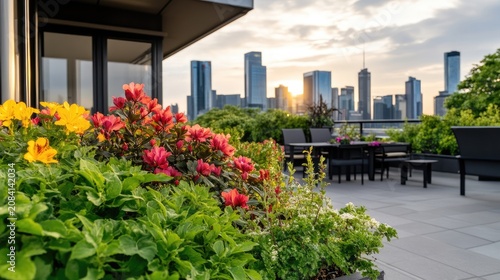 Vibrant rooftop garden with city skyline at sunset creates serene urban living space